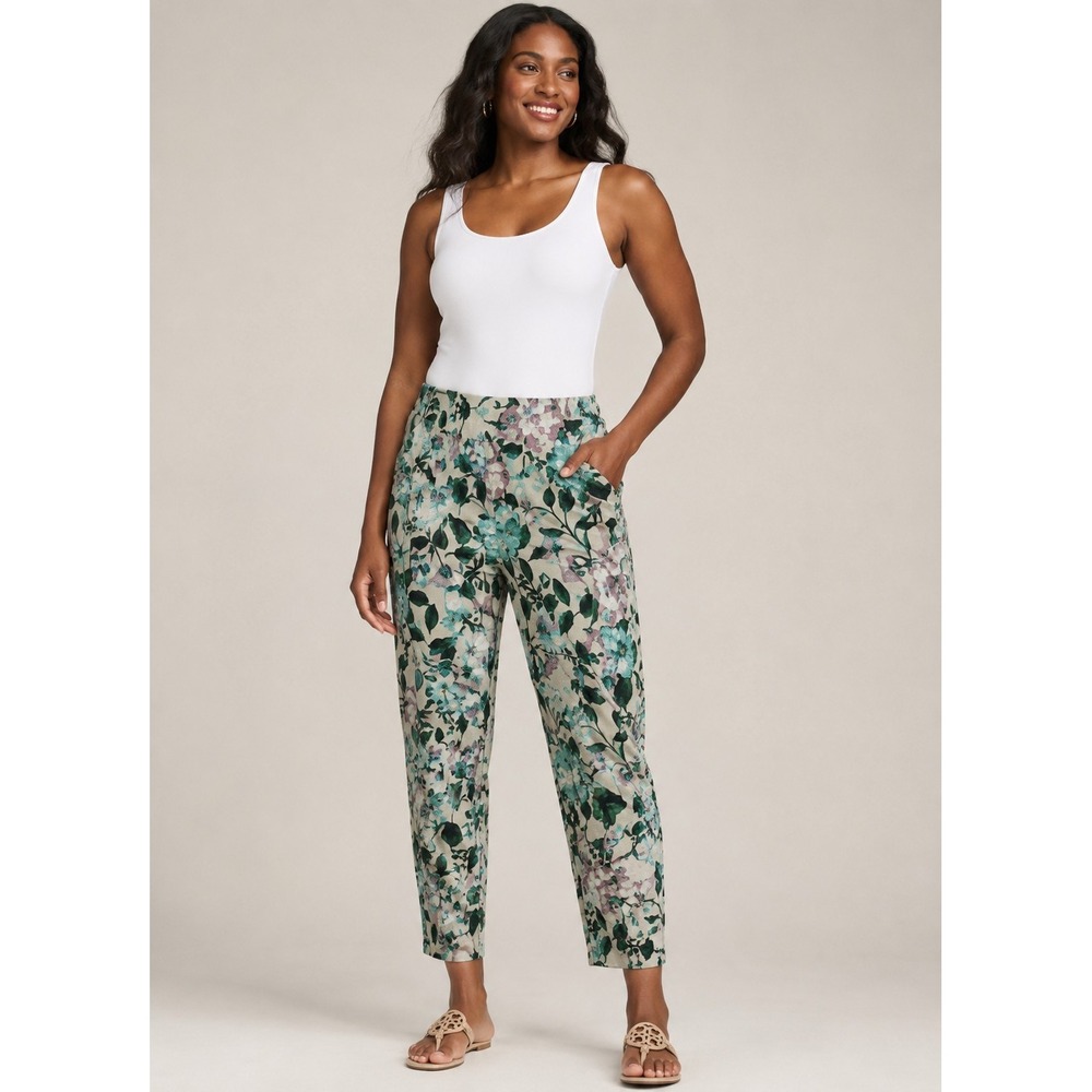 J. Jill Linen Stretch Floral Tapered Crop Pants Cream Teal Pink‎ Sm Art Noveau